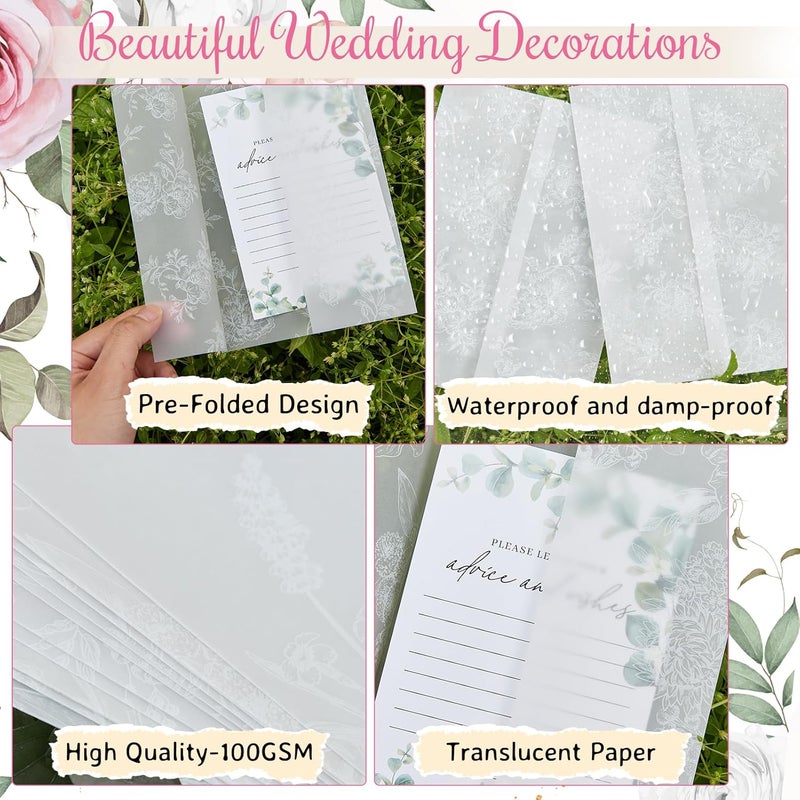 TINYAT 60 Sheets Pre-Folded Vellum Jackets for 5x7 Invitations,White Floral Vellum Paper 5x7 Jackets,Translucent Invitation Sleeve Wraps Floral Paper Envelope Liners for Wedding Baby Shower Invitations Cards - Image 3